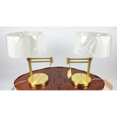 381 - LAUREN RALPH LAUREN HOME TABLE LAMPS, a pair, swing arm design, gilt metal with shades, 50cm H. (2)