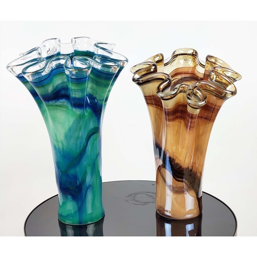 384 - MURANO STYLE GLASS VASES, a set of two, differing colours, 42cm H at tallest. (2)