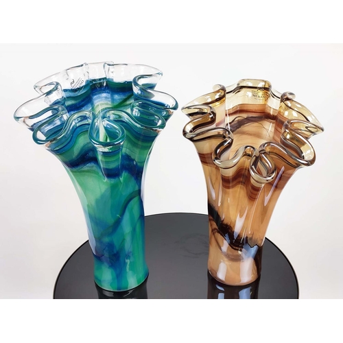 384 - MURANO STYLE GLASS VASES, a set of two, differing colours, 42cm H at tallest. (2)