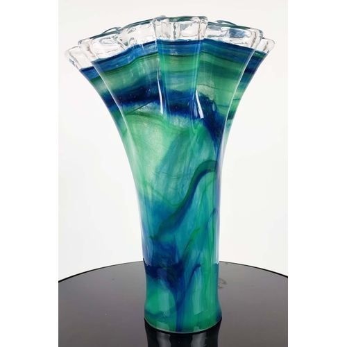 384 - MURANO STYLE GLASS VASES, a set of two, differing colours, 42cm H at tallest. (2)