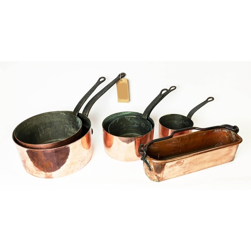 387 - BATTERIE DE CUISINE, comprising of a graduated set of five copper pans, the largest 31cm diam and tw... 