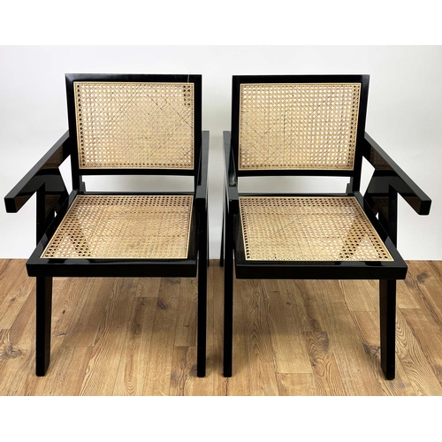 403 - EICHHOLTZ ADAGIO CHAIRS, a pair, 89cm H x 58cm x 61cm, black lacquered frames with cane seats. (2)