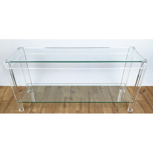 406 - CAREW JONES CONSOLE TABLE, 151cm x 44cm x 74cm H, perspex and glass.