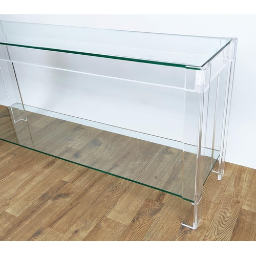 406 - CAREW JONES CONSOLE TABLE, 151cm x 44cm x 74cm H, perspex and glass.