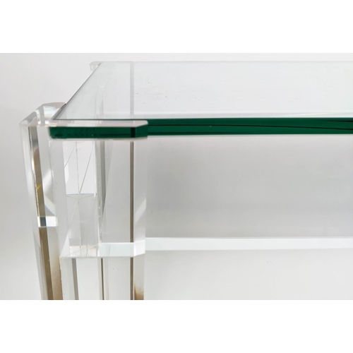 406 - CAREW JONES CONSOLE TABLE, 151cm x 44cm x 74cm H, perspex and glass.