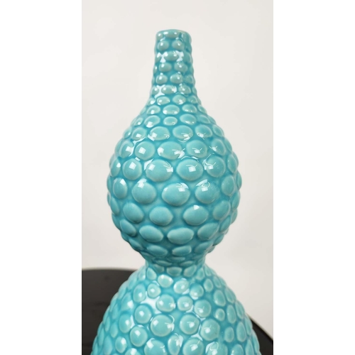 411 - TURQUOISE POTS, by Dwell Studios, two, one 48cm H, the other 33cm. (2)