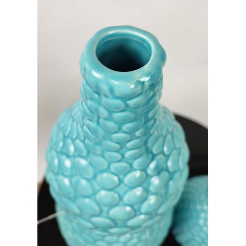 411 - TURQUOISE POTS, by Dwell Studios, two, one 48cm H, the other 33cm. (2)