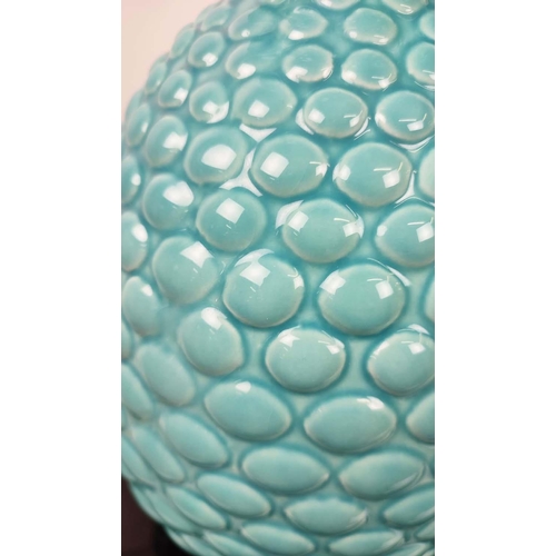 411 - TURQUOISE POTS, by Dwell Studios, two, one 48cm H, the other 33cm. (2)