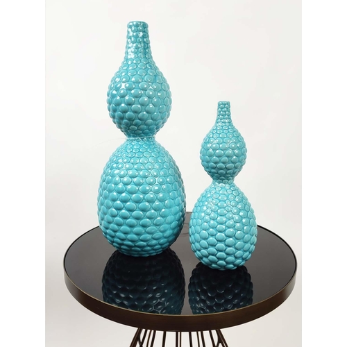 411 - TURQUOISE POTS, by Dwell Studios, two, one 48cm H, the other 33cm. (2)