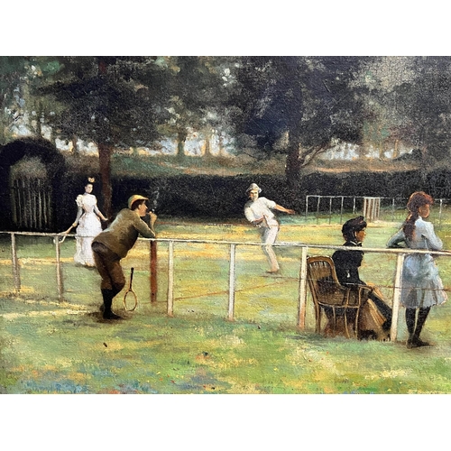 45 - AFTER JOHN LAVERY (1856-1941), 'The Tennis Party', oil on canvas, 49cm x 98cm, framed.