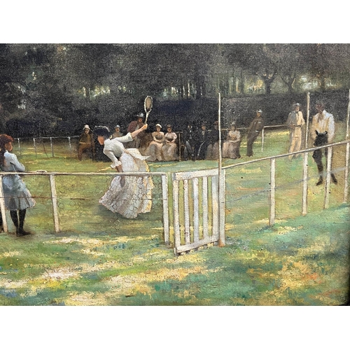 45 - AFTER JOHN LAVERY (1856-1941), 'The Tennis Party', oil on canvas, 49cm x 98cm, framed.