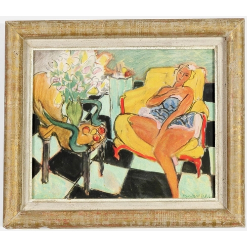 63 - Henri Matisse, Jeune femme jaune chaise, Off set lithograph signed in the plate, Vintage French fram... 