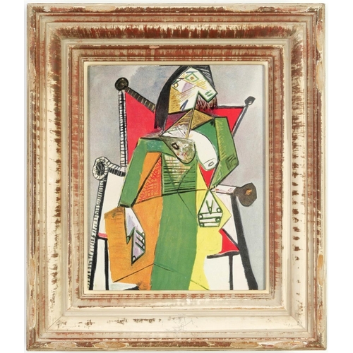 75 - PABLO PICASSO, Femme Assise, signed in the plate, off set lithograph, vintage Montparnasse frame, 28... 