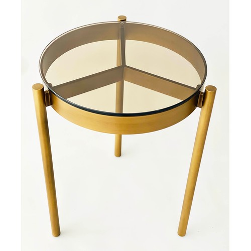 286 - SIDE TABLES, a pair, bronzed steel circular glazed each with three supports, 42cm x 59cm H. (2)