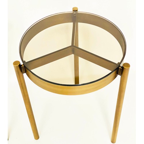 286 - SIDE TABLES, a pair, bronzed steel circular glazed each with three supports, 42cm x 59cm H. (2)