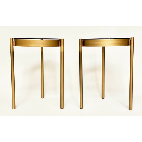 286 - SIDE TABLES, a pair, bronzed steel circular glazed each with three supports, 42cm x 59cm H. (2)