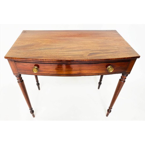 114 - BOWFRONT WRITING TABLE, George III mahogany with single full width drawer and square section taperin... 