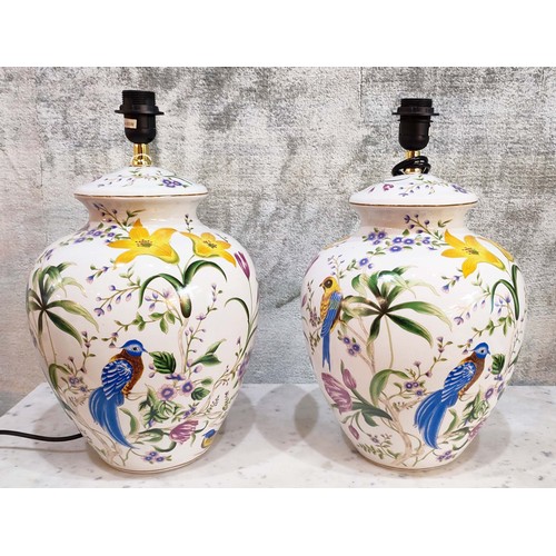 219 - TABLE LAMPS, a pair, each 39cm H x 30cm, ceramic with bird and flower decoration. (2)