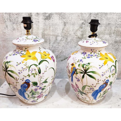 219 - TABLE LAMPS, a pair, each 39cm H x 30cm, ceramic with bird and flower decoration. (2)