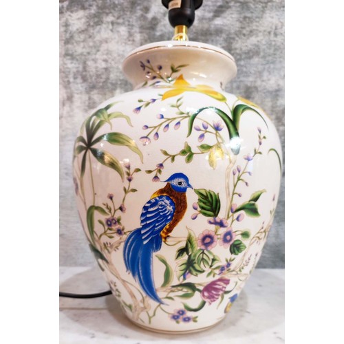 219 - TABLE LAMPS, a pair, each 39cm H x 30cm, ceramic with bird and flower decoration. (2)