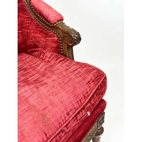 203 - BERGERE, 97cm H x 68cm, 19th century French walnut in red velvet.