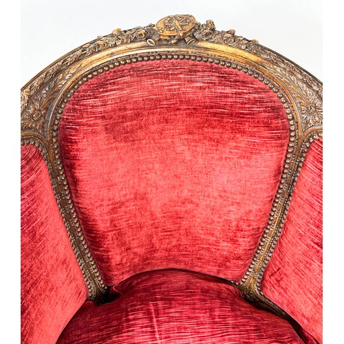 203 - BERGERE, 97cm H x 68cm, 19th century French walnut in red velvet.