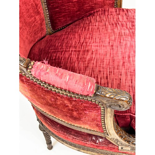 203 - BERGERE, 97cm H x 68cm, 19th century French walnut in red velvet.