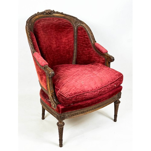 203 - BERGERE, 97cm H x 68cm, 19th century French walnut in red velvet.