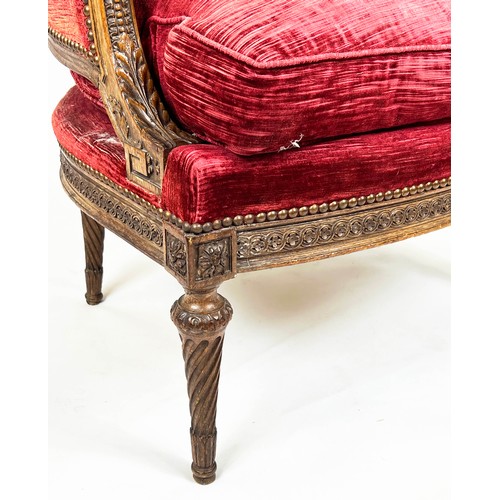 203 - BERGERE, 97cm H x 68cm, 19th century French walnut in red velvet.