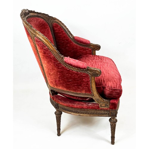 203 - BERGERE, 97cm H x 68cm, 19th century French walnut in red velvet.