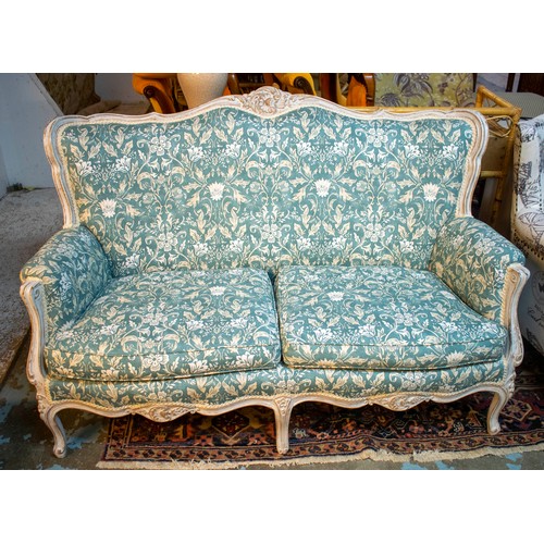 249 - CANAPE, 93cm H x 143cm, Louis XV style white painted in blue foliate fabric.