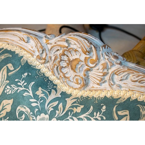 249 - CANAPE, 93cm H x 143cm, Louis XV style white painted in blue foliate fabric.