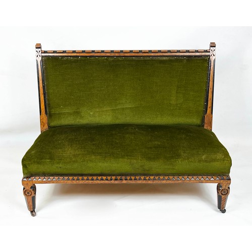 246 - BANQUETTE, 82cm H x 109cm, Victorian Aesthetic oak and ebonised in green velour on ceramic castors.