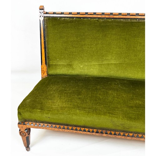 246 - BANQUETTE, 82cm H x 109cm, Victorian Aesthetic oak and ebonised in green velour on ceramic castors.