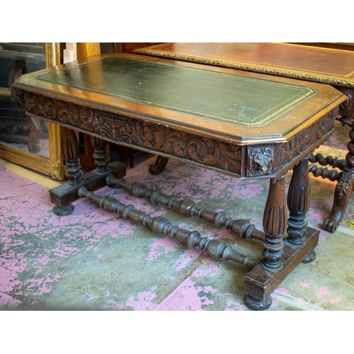 243 - CENTRE WRITING TABLE, 73cm H x 133cm x 71cm, late Victorian carved oak with green leather top above ... 