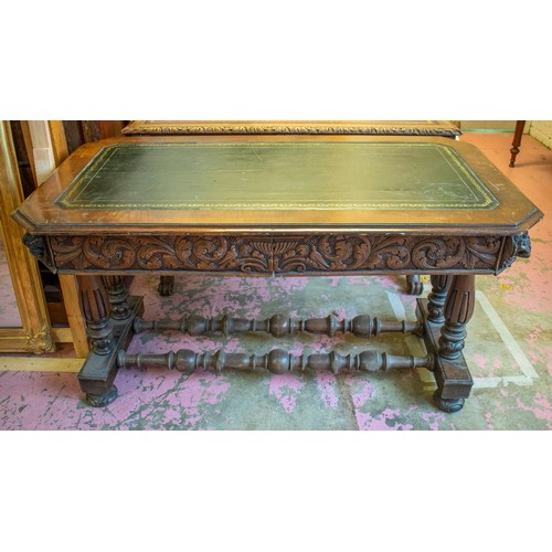 243 - CENTRE WRITING TABLE, 73cm H x 133cm x 71cm, late Victorian carved oak with green leather top above ... 