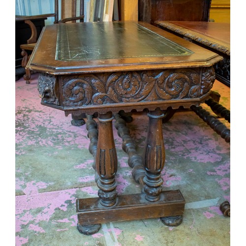 243 - CENTRE WRITING TABLE, 73cm H x 133cm x 71cm, late Victorian carved oak with green leather top above ... 