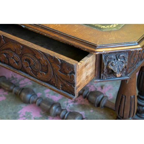 243 - CENTRE WRITING TABLE, 73cm H x 133cm x 71cm, late Victorian carved oak with green leather top above ... 