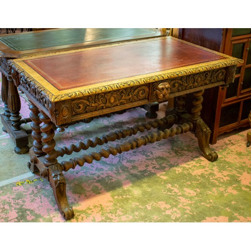 241 - CENTRE WRITING TABLE, 74cm H x 123cm x 68cm, late Victorian carved oak with red leather top above tw... 