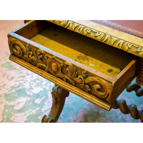 241 - CENTRE WRITING TABLE, 74cm H x 123cm x 68cm, late Victorian carved oak with red leather top above tw... 