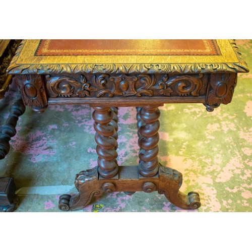 241 - CENTRE WRITING TABLE, 74cm H x 123cm x 68cm, late Victorian carved oak with red leather top above tw... 