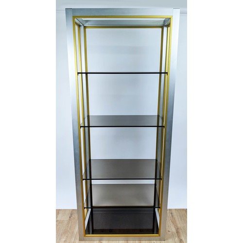 373 - RENATO ZEVI STYLE ETAGERE, 183cm high, 75cm wide, 38cm deep, with five smoked glass shelves