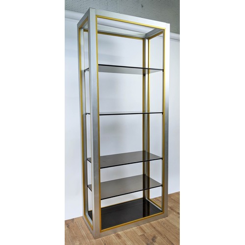 373 - RENATO ZEVI STYLE ETAGERE, 183cm high, 75cm wide, 38cm deep, with five smoked glass shelves