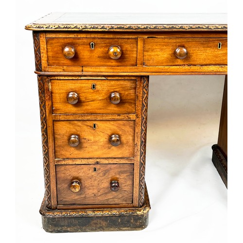 195 - PEDESTAL DESK, 74cm H x 122cm x 61cm, mid Victorian walnut with green leather top above nine drawers... 