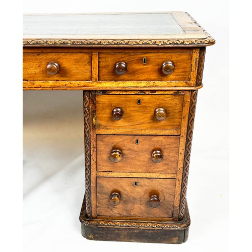 195 - PEDESTAL DESK, 74cm H x 122cm x 61cm, mid Victorian walnut with green leather top above nine drawers... 