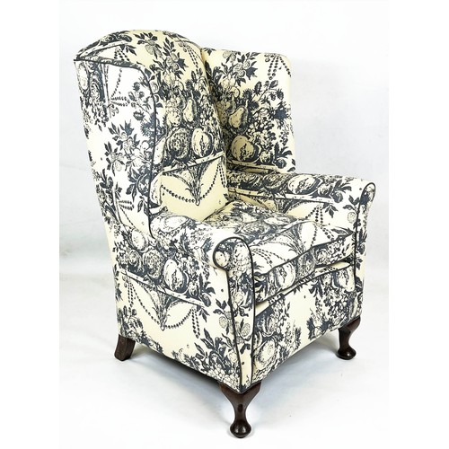 194 - WING ARMCHAIR, 118cm H x 87cm, early 20th century mahogany in cream and grey fruit patterned fabric.