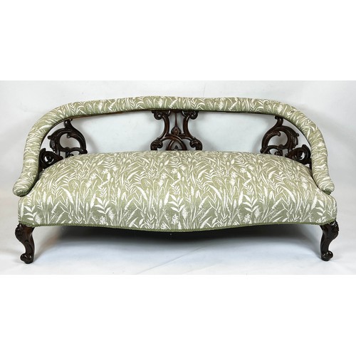 193 - SOFA, 66cm H x 167cm, mid Victorian rosewood in green and white wheat sheaf and leaf patterned fabri... 