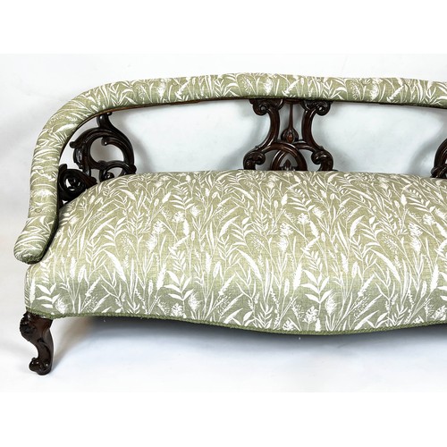 193 - SOFA, 66cm H x 167cm, mid Victorian rosewood in green and white wheat sheaf and leaf patterned fabri... 