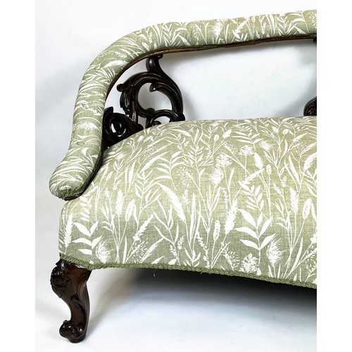 193 - SOFA, 66cm H x 167cm, mid Victorian rosewood in green and white wheat sheaf and leaf patterned fabri... 