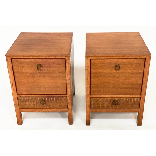 299 - BEDSIDE CHESTS, Loughborough for Heals, a pair, 1970's teak and brass inlaid each with deep drawer a... 